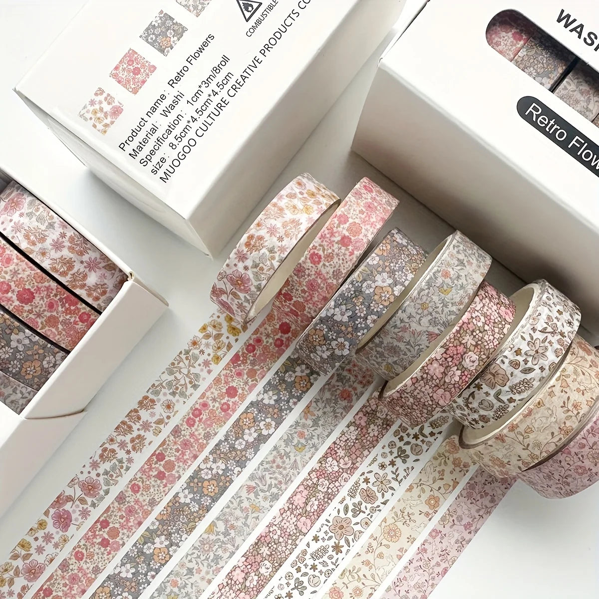 Retro Floral Thin Washi Tape Set (20 Rolls)